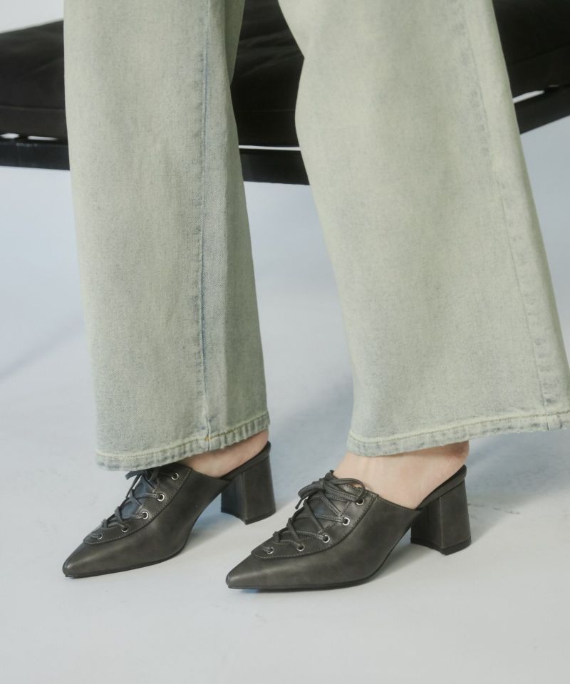 AMERI ブラック レースアップ ミュール ヒール　アメリ　サイズL 未使用品✨Ameri VINTAGEフロントストラップミュールハラコ