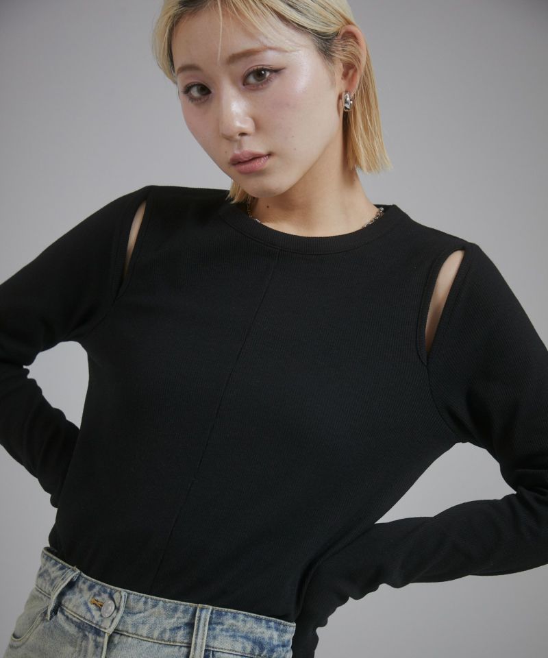 ストレッチリブカットアウトデザイントップス - トップス通販